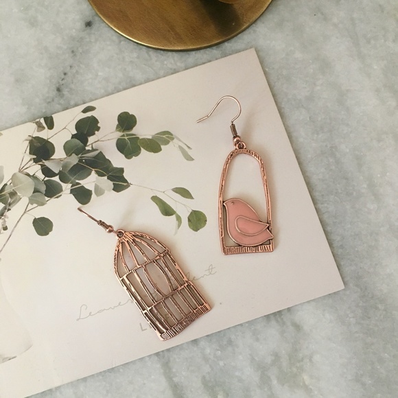 Bird Cage Antique Bronze Gold Chic Pink Earrings - Picture 4 of 8